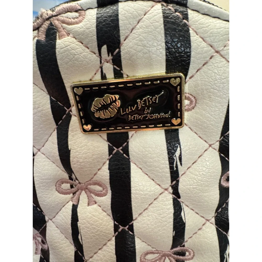 Luv Betsey by Betsey Johnson Mini Backpack Quilted Striped Pink Bows Pom Pom